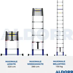 Brico Aldorr Home - Telescoopladder 3,20M - Met Stabilisatievoet En Soft Closing New