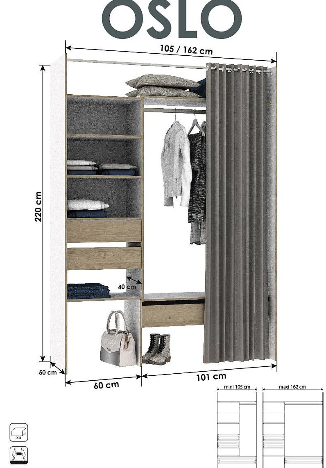 Brico Kast Oslo Wit/Eik Uitrekbaar Met Gordijn 3 Lades 6 Planken Best