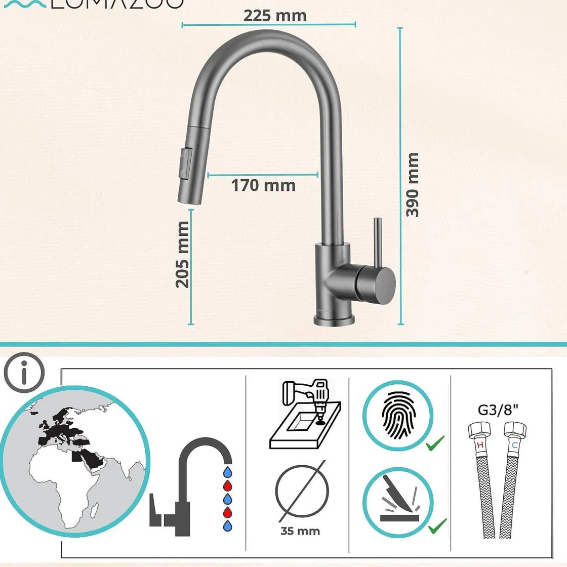 Brico Lomazoo Keukenkraan Met Uittrekbare Uitloop Mason Gun Metal Antraciet