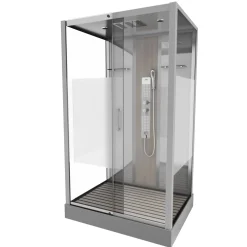 Brico Technische Eigenschappen: 85X115X215Cm Benodigde Hoogte Voor Installatie 230Cm Metaalgrijs Gelakte Aluminium Structuur Omkeerbare Schuifdeur In 6 Mm Van Gehard Glas Achterwand Van Grijs Gehard Glas Van 5 Mm Composiet Houten Kolom Met Roestvrijstalen Plaat Voorwanden En Zijkanten Met Gematteerde Banden Versterkt Grijs Acryl Dak En Douchebak Magnetische Sluiting Siliconenvrije Montage Toebehoren: Rvs Regendouchekop Anti-Kalksteen Multi-Jet Roestvrijstalen Hydromassagepaneel Anti-Kalksteen Handdouche Pvc-Slang Met Metallic Effect Glazen Planken Verchroomd Roestvrijstalen Handvat Mechanische Mengkraan 90 Mm Afvoer Met Hoog Debiet Composiet Houten Rooster Geleverd Met Aansluitslangen New