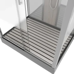 Brico Technische Eigenschappen: 85X115X215Cm Benodigde Hoogte Voor Installatie 230Cm Metaalgrijs Gelakte Aluminium Structuur Omkeerbare Schuifdeur In 6 Mm Van Gehard Glas Achterwand Van Grijs Gehard Glas Van 5 Mm Composiet Houten Kolom Met Roestvrijstalen Plaat Voorwanden En Zijkanten Met Gematteerde Banden Versterkt Grijs Acryl Dak En Douchebak Magnetische Sluiting Siliconenvrije Montage Toebehoren: Rvs Regendouchekop Anti-Kalksteen Multi-Jet Roestvrijstalen Hydromassagepaneel Anti-Kalksteen Handdouche Pvc-Slang Met Metallic Effect Glazen Planken Verchroomd Roestvrijstalen Handvat Mechanische Mengkraan 90 Mm Afvoer Met Hoog Debiet Composiet Houten Rooster Geleverd Met Aansluitslangen New