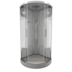 Brico Technische Eigenschappen:85X185X215Cmbenodigde Hoogte Voor Installatie 230Cmmetaalgrijs Gelakte Aluminium Structuuromkeerbare Schuifdeur In 6 Mm Van Gehard Glasachterwand Van Grijs Gehard Glas Van 5 Mmcomposiet Houten Kolom Met Roestvrijstalen Plaatvoorwanden En Zijkanten Met Gematteerde Bandenversterkt Grijs Acryl Dak En Douchebakmagnetische Sluitingsiliconenvrije Montagetoebehoren: Rvs Regendouchekopanti-Kalksteen Multi-Jet Roestvrijstalen Hydromassagepaneelanti-Kalksteen Handdouchepvc-Slang Met Metallic Effectglazen Plankenverchroomd Roestvrijstalen Handvatmechanische Mengkraan90 Mm Afvoer Met Hoog Debietcomposiet Houten Roostergeleverd Met Aansluitslangen Best