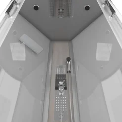 Brico Technische Eigenschappen:85X185X215Cmbenodigde Hoogte Voor Installatie 230Cmmetaalgrijs Gelakte Aluminium Structuuromkeerbare Schuifdeur In 6 Mm Van Gehard Glasachterwand Van Grijs Gehard Glas Van 5 Mmcomposiet Houten Kolom Met Roestvrijstalen Plaatvoorwanden En Zijkanten Met Gematteerde Bandenversterkt Grijs Acryl Dak En Douchebakmagnetische Sluitingsiliconenvrije Montagetoebehoren: Rvs Regendouchekopanti-Kalksteen Multi-Jet Roestvrijstalen Hydromassagepaneelanti-Kalksteen Handdouchepvc-Slang Met Metallic Effectglazen Plankenverchroomd Roestvrijstalen Handvatmechanische Mengkraan90 Mm Afvoer Met Hoog Debietcomposiet Houten Roostergeleverd Met Aansluitslangen Best