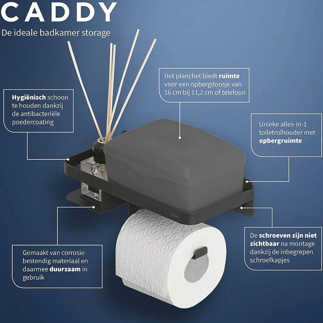 Brico Tiger Caddy Toiletrolhouder Met Planchet Zwart Discount