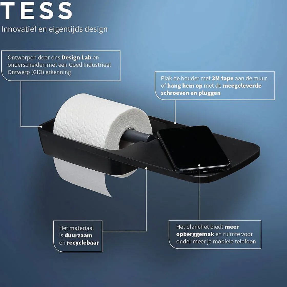 Brico Tiger Tess Toiletrolhouder Met Planchet Zwart/Antraciet